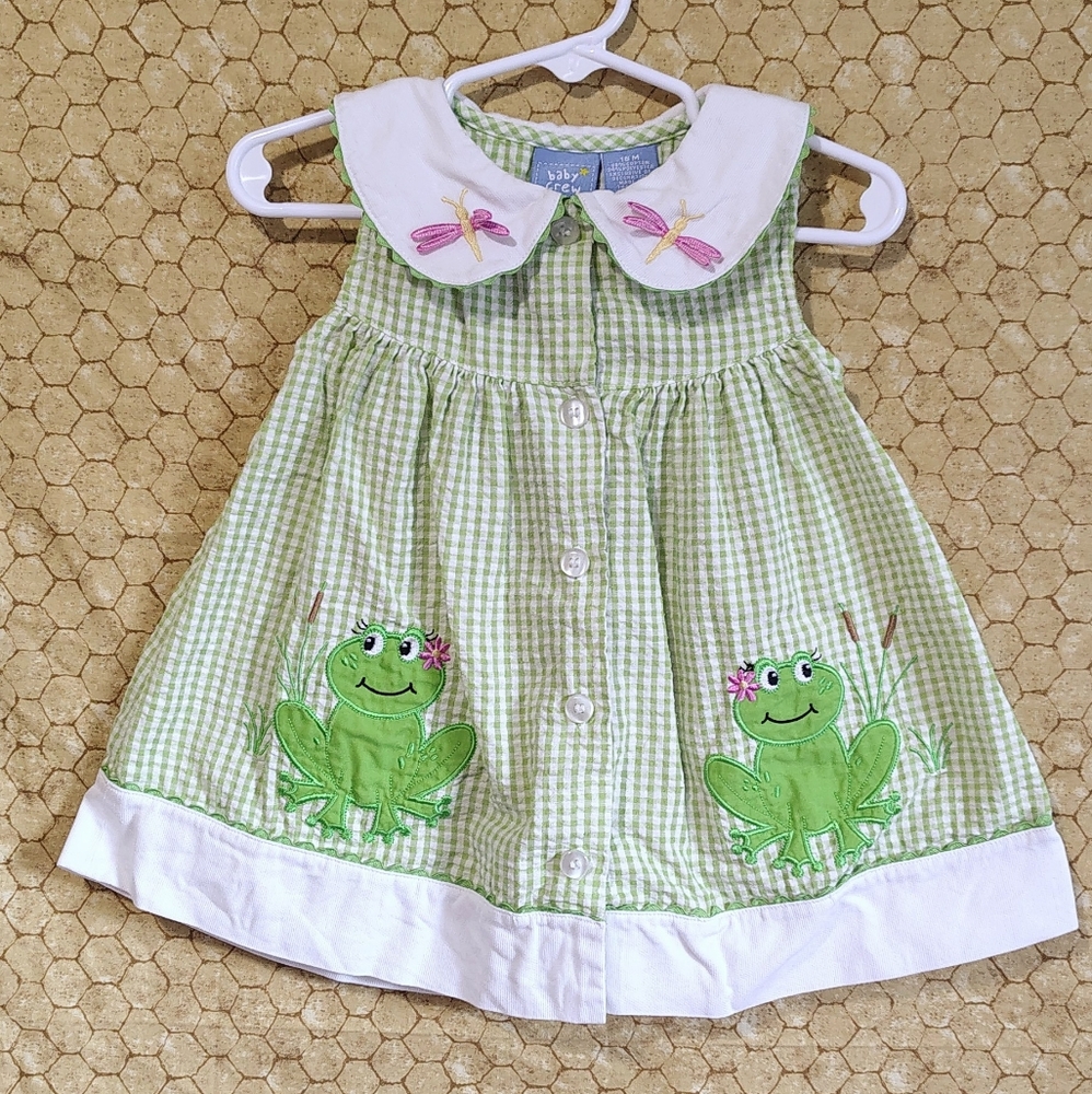 GAP Green Gingham Frog Embroidered Sleeveless Dress